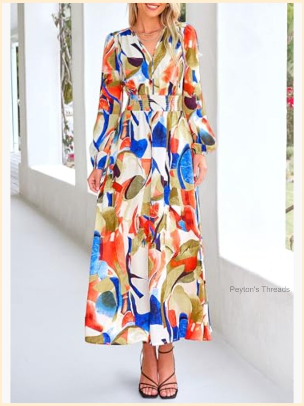 Women's Floral Midi Dress V Neck Long Sleeve Flowy A-Line - Picture 3 of 7